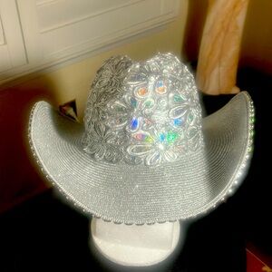 🐎🤠Whittall & Shon Silver Floral Adjustable Western Hat W/Jewels & Sequins OS
